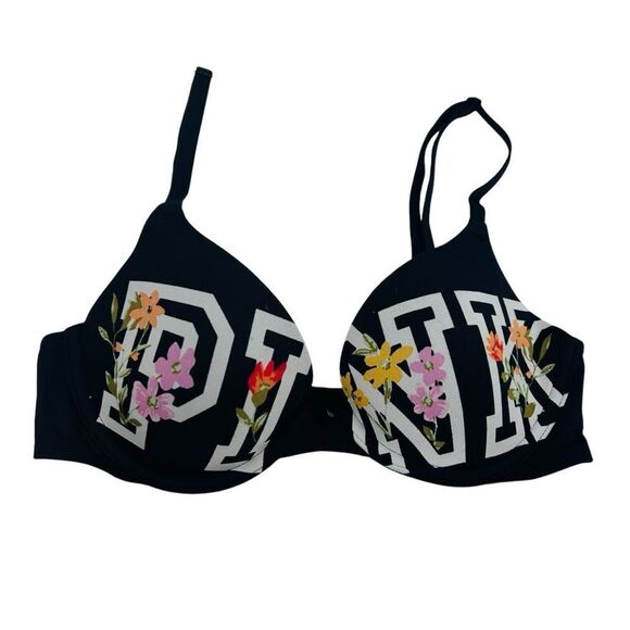 VS PINK wear everywhere tshirt lightly lined bra size 32b black floral - Picture 2 of 6